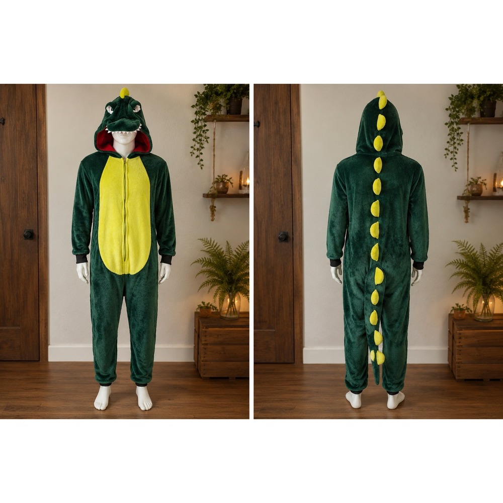 Green Dino Costume Adult Plush Hooded Pajama Halloween Cosplay Outfit size S/M